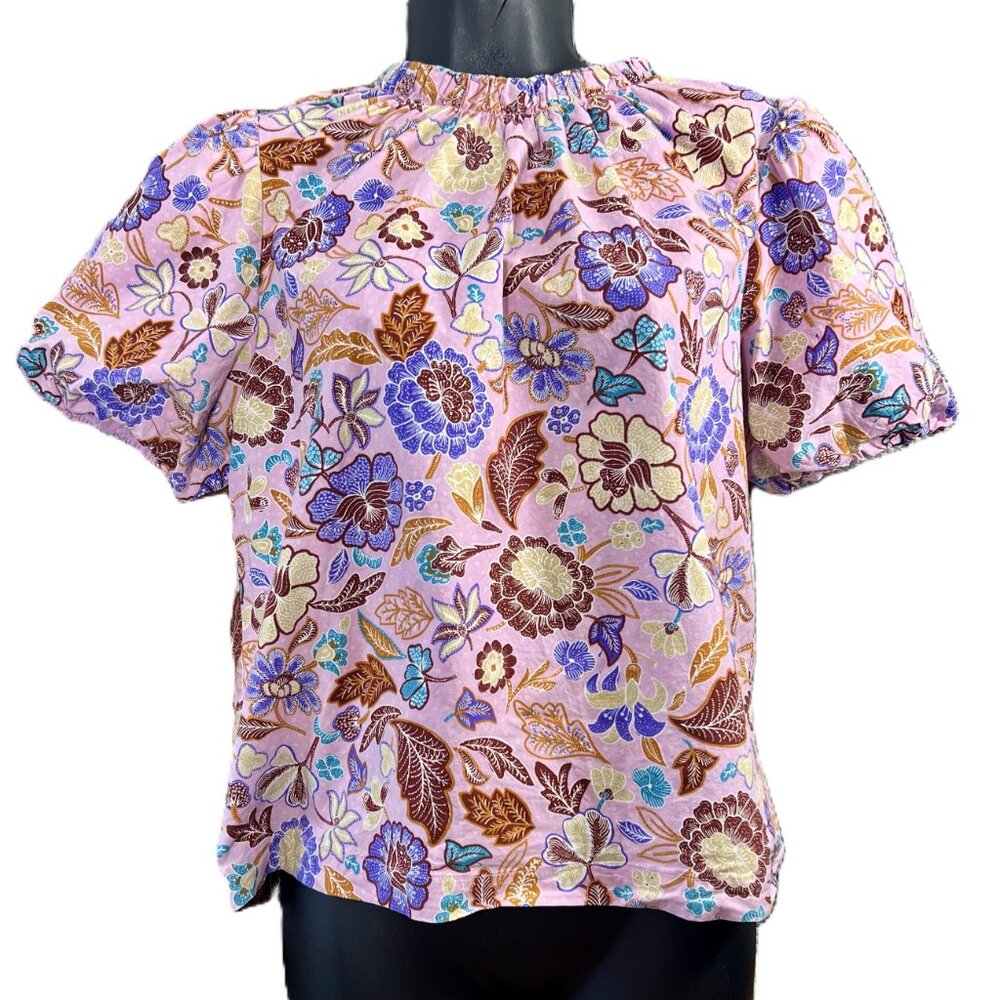 Ann Taylor Small Petite Floral Puff Sleeve Tie High Neck Top Cottagecore Keyhole